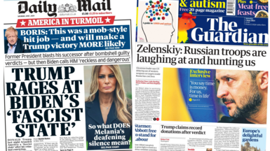 The headline in the Daily Mail reads: Trump rages at Biden's 'fascist state', and the Guardian's headline reads: Zelensky: Russian troops are laughing at and hunting us