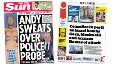 Newspaper headlines: 'Andy sweats over police probe' and 'Ceasefire in peril'