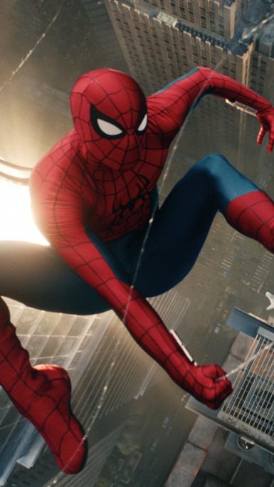 Spider-Man swinging from his web in New York City