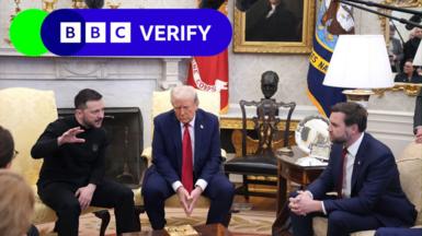 Zelensky, Trump and Vance speaking in the Oval Office.