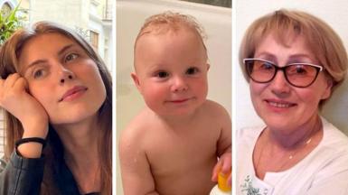 The image on left shows Sophiia Buhayova leaning her face on her hand. The middle image shows baby Adam in the bath. The image on the right shows Tetiana Tarasevych wearing glasses and smiling into the camera.