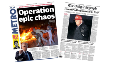 The headline on the front page of the Metro reads: “Operation epic chaos”. The headline on the front page of the Telegraph reads: “I am very disappointed in Keir".