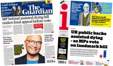 The front page of the Guardian and the i newspaper