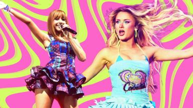 A composite image of two women, PinkPantheress on the left - wearing a dress with patterns of blue and dark red, and Zara Larsson on the right - with a light blue outfit. The background is pink and lime green swirls.