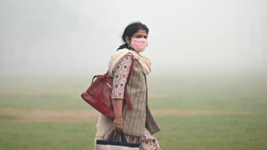 A woman wearing a mask walks along a roadside on a cold smoggy morning in New Delhi on November 18, 2024