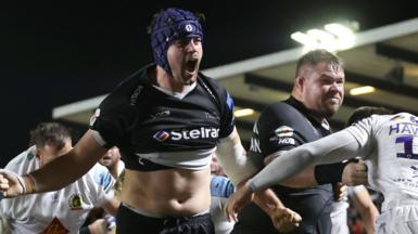 Newcastle Falcons celebrate a try