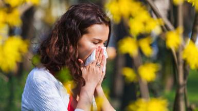 A women wearing a light shirt and red top sneezing into a tissue with yellows flowers in the background. It is a sunny day and she is outside