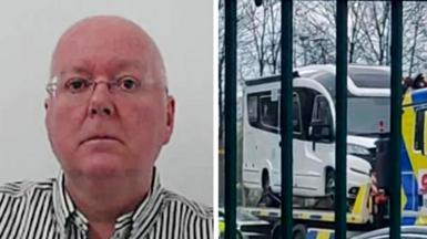 A composite image of a police mugshot of Peter Murrell wearing a striped shirt, next to a white campervan on the back of a recovery truck.