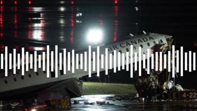Audio waves are seen with an image of a passenger plane hat collided with a fire truck while landing at LaGuardia Airport.