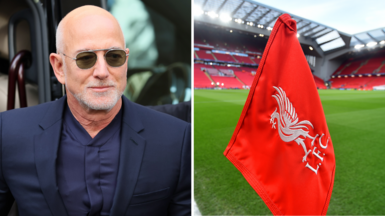 Amazon founder Jeff Bezos and a picture of a corner flag at Liverpool 