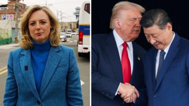 The BBC's Laura Bicker next to a photo of Trump and Xi shaking hands
