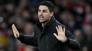 Arsenal boss Mikel Arteta holds his hands up while on the touchline during their match against Chelsea