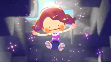 A screenshot from Pokopia shows Ditto - a shape-shifting Pokémon - in the form of a human child with overly long arms and oversized head, leaping for joy as purple sparks flash around them. They appear to be inside a cavern of some sort.