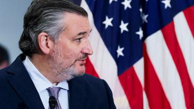 Senator Ted Cruz speaks at an event in front of a US flag