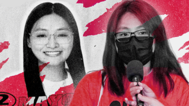 A composite image showing 1) a poster of a smiling Alice Guo in a red outfit when she ran for mayor and 2) a photo of Guo weairng a mask and answerng questions with a mic in front of her after she is detained