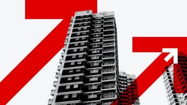 Stylised image of a tower block of flats with red and white arrows superimposed on top