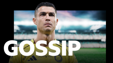 Head-and-shoulders image of Cristiano Ronaldo. He has short, dark hair and is wearing a yellow Al-Nassr shirt. The word "Gossip" is displayed in front of him.