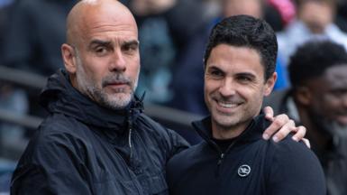 Pep Guardiola and Mikel Arteta embrace before a match
