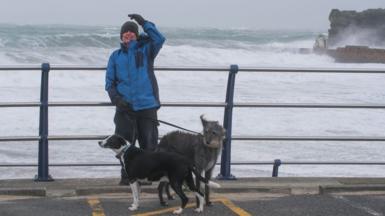 A man wearing a blue all-weather rain jacket is standing in front of a stormy sea in Cornwall. He is in front of railings and is looking at the camera and has two dogs on leads 