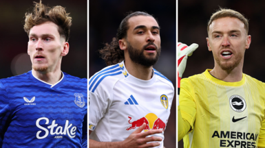 James Garner of Everton, Dominic Calvert-Lewin of Leeds, Jason Steele of Brighton 