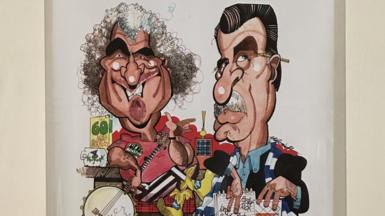 A drawing of Billy Connolly and William McIlvanney