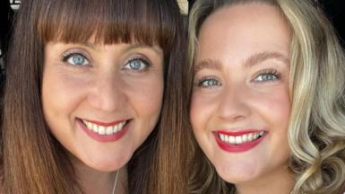 In this picture Jessica (on the right) and her mother Louise (on the left) are smiling in a selfie. Jessica has blonde hair and Louise has brown hair.