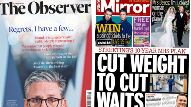 A composite image of the front pages of The Observer and the Daily Mirror. The former's headline reads "Regrets, I have a few..." and the latter's reads "cut weight to cut waits".