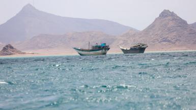 Boats float near the coast of Bab el-Mandeb, Yemen April 2, 2026.
