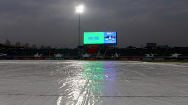 A general view of the covers on the pitch during the Australia-South Africa game at the Champions Trophy in Rawalpindi