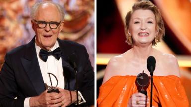 John Lithgow (left) and Lesley Manville, pictured separately on stage at the Tony Awards. In a composite image, Lithgow wears a dark suit, while Manville wears an orange dress. Both are holding their respective trophies