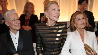 Glenn Close, Cate Blanchett and Lauren Hutton sitting in a row