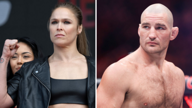 Ronda Rousey holds up her fist and is next to a shirtless Sean Strickland
