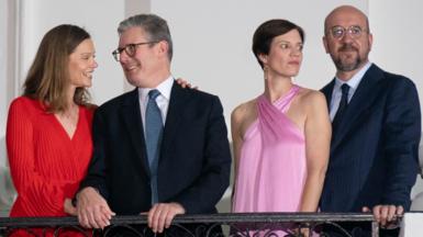 Lady Victoria Starmer, Sir Keir Starmer, and Amelie Derbaudrenghien and Prime Minister of Belgium Charles Michel at the White House in July