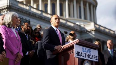 U.S. House Minority Leader Hakeem Jeffries (D-NY) speaks during an event with fellow House Democratic members on the steps of the U.S