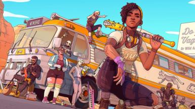 A comic book-style sketch shows a female character crouched in the centre of the frame with a yellow baseball bat resting on her shoulder. Behind her is a yellow tour bus with four other characters relaxing, leaning or sitting against it. One is sitting on top of it. The bus has a horizontal white stripe through the centre. At the back end the word "cougar" is painted on next to a picture of a big cat running.