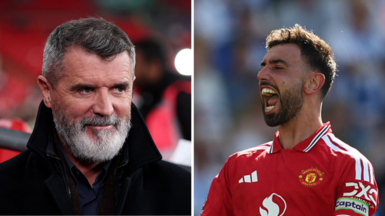 Split image of Roy Keane (left), bearded and wearing a black coat, and Bruno Fernandes (right), wearing a red Man United shirt and with his mouth open in celebration