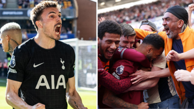 Split image of Tottenham and West Ham players celebrating their respective goals