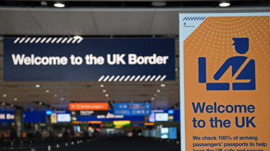 UK border signage at the passport control in arrivals in Terminal 2 at Heathrow Airport in 2019

