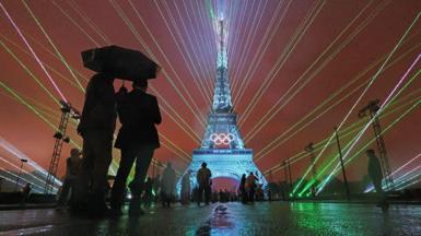 A Light Show takes place as The Olympic Rings on the Eiffel Tower are illuminated during the opening ceremony of the Olympic Games Paris 2024 at Place du Trocadero on July 26, 2024 in Paris, France.