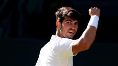 Carlos Alcaraz celebrates during his Wimbledon quarter-final win over Cameron Norrie