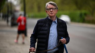 Lord Peter Mandelson wears a blue shirt and a dark jacket as he walks his dog