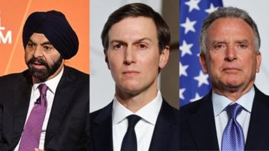 A composite image of Ajay Banga, Jared Kushner and Steve Witkoff.