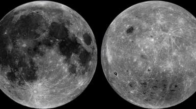 The moon's near side and far side are seen in a black-and-white composite image