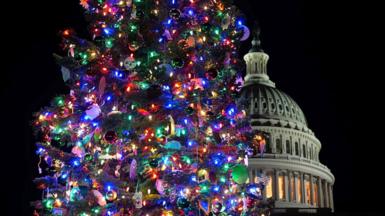 A colorful lit up Christmas tree is in the foreground in a dark background with the US Capitol building behind it.
