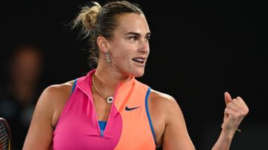 Aryna Sabalenka celebrates victory
