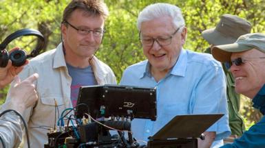 Sir David Attenborough and other crew members looking at a film camera in a green woodland with the sun shining