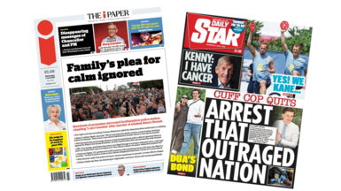 The headline on the front page of the i Paper reads: "Family's plea for calm ignored". The headline on the front page of the Daily Star reads: "Arrest that outraged nation".