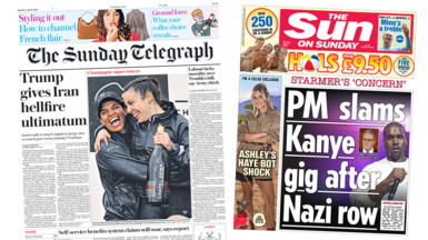 A composite image of the front pages of Sunday Telegraph and the Sun on Sunday. "Trump gives Iran hellfire ultimatum" reads the headline on the front page of the former and "PM slams Kanye gig after Nazi row" reads the headline on the front page of the Sun on Sunday. 