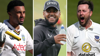 Action pictures of Emilio Gay, left, Rehan Ahmed, centre, and Ollie Robinson