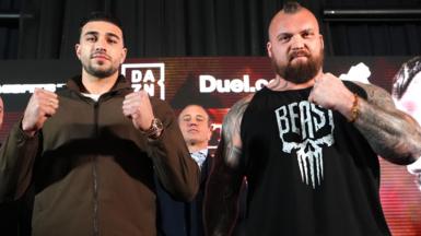 Tommy Fury (left) and Eddie Hall pose for photographs during the press conference at Glaziers Hall, London in April 2026
